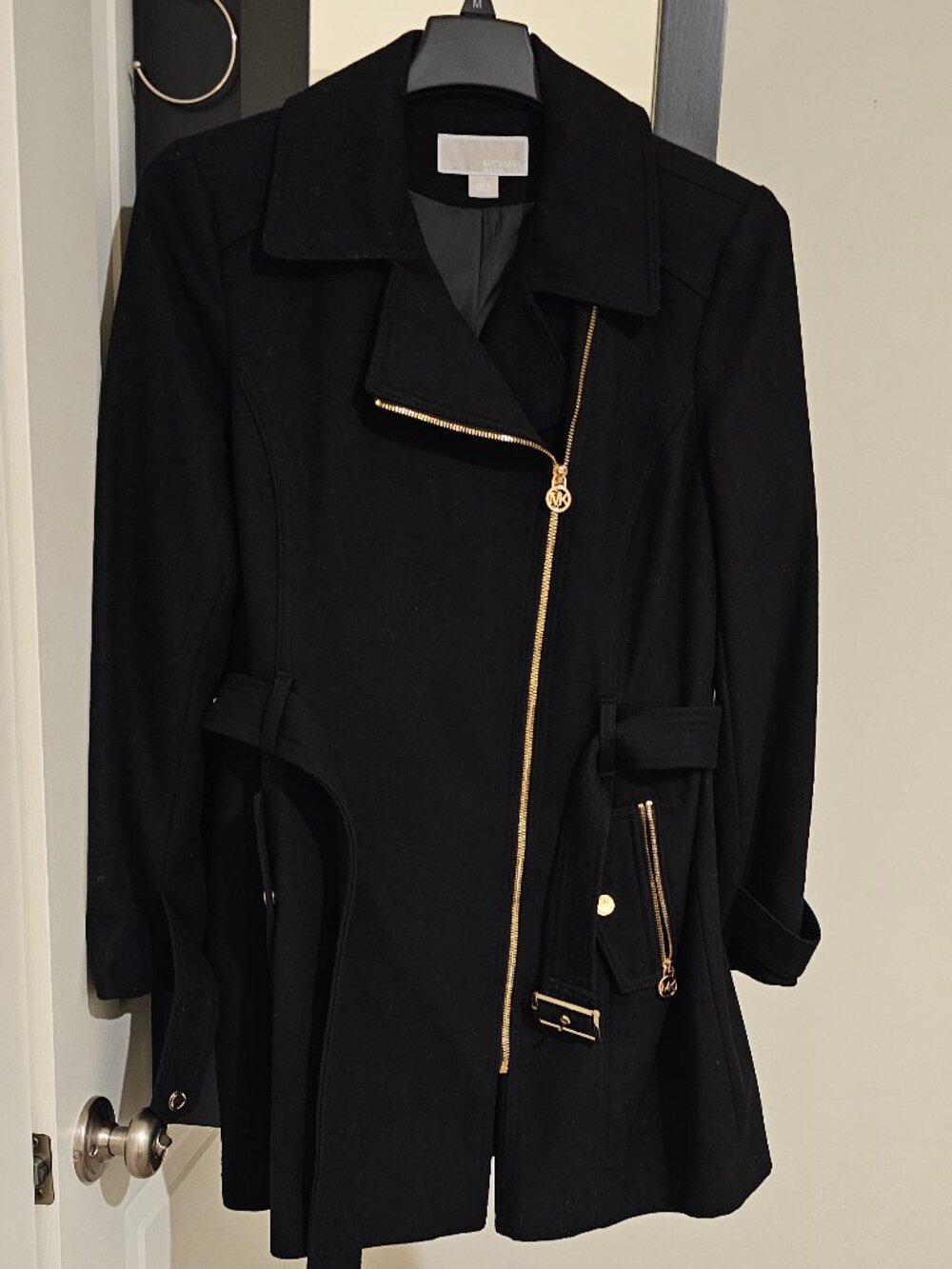 Michael Kors Black Wool Blend Belted Moto Coat